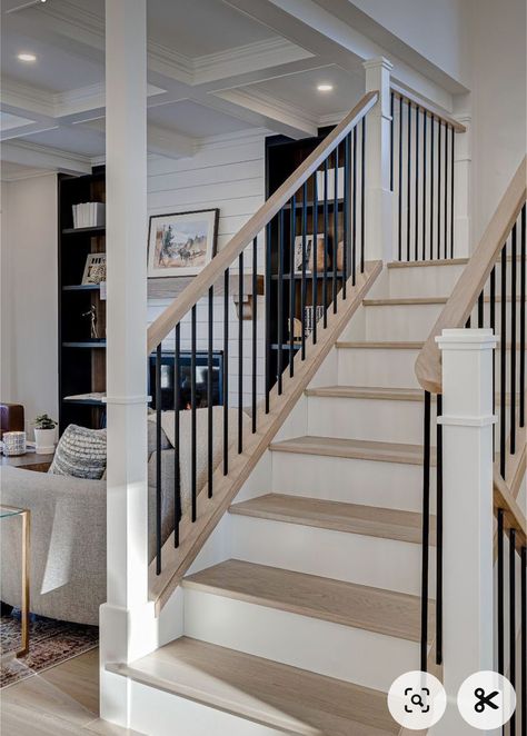 Wood Railing With Metal Spindles, Metal And Wood Banister, Staining Stair Railing, White Spindles Staircase, Modern Banisters And Railings Metal, Farmhouse Metal Railings Indoor, Traditional Iron Stair Railing, Stairs With Post To Ceiling, Staircase With Post To Ceiling