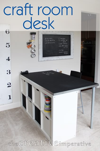 craft room desk from ikea bookshelf with text Craft Table Ikea, Craft Room Desk, Craft Room Tables, Ikea Crafts, Craft Table Diy, Ikea Bookshelves, Dream Craft Room, Craft Room Design, Craft Desk