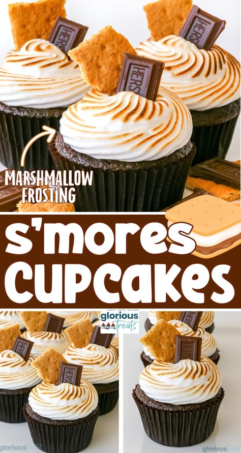 This amazing S’mores Cupcake recipe delivers all the flavors of classic s'mores in a moist and decadent cupcake! These smores cupcakes give you all that awesome campfire flavor without the mess. Sure to be a hit at all your parties this summer! | GloriousTreats.com S'mores Cupcakes Marshmallow Frosting, Smores Cupcakes Marshmallow Filled, Chocolate Smores Cupcakes, Mini Smores Cupcakes, Cupcake Recipes Smores, Campfire Cupcakes Camping Birthday, Smore Cupcakes Recipe, Holiday Theme Desserts, S’mores Cupcakes With Marshmallow Frosting