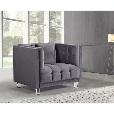 Rosdorf Park Keegan Armchair & Reviews | Wayfair Velvet Club Chair, Leather Chair Living Room, Grey Velvet Chair, Grey Accent Chair, Fabric Gray, Meridian Furniture, Velvet Chair, Modern Armchair, Living Room Accents