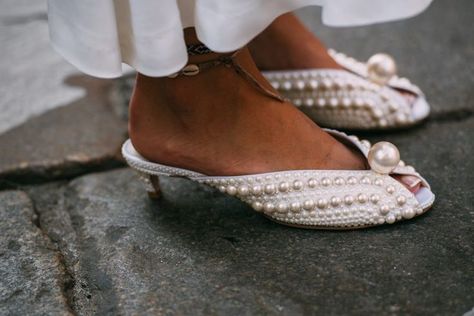 Street Style at Fashion Week: Best Photos from MFW Spring 2019 – Footwear News Jimmy Choo Pearl Slingbacks Jimmy Choo Bridal, Pearl Shoes, Wedding Shoes Bride, Shoe Inspiration, Bride Shoes, Jimmy Choo Shoes, Fashion Week Street Style, Ankle Straps, White Satin