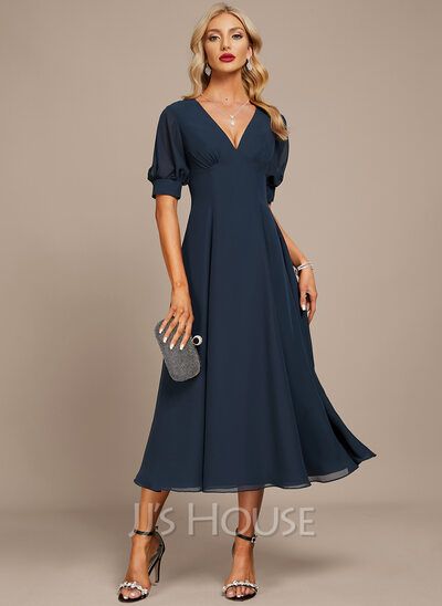 Tea Length Cocktail Dresses, Chiffon Ruffle Dress, Cocktail Dresses Online, Chiffon Evening Dress, V Neck Cocktail Dress, A Line Cocktail Dress, Chiffon Cocktail Dress, Mother Of Groom Dresses, Chiffon Evening Dresses