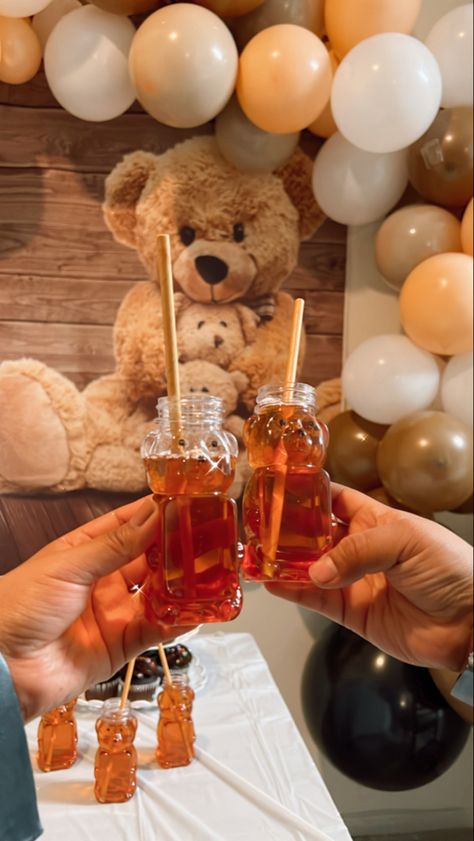 Honey Bear Decorations, Baby Shower Snack Table, Honey Bear Bottle, April Baby Shower, April Baby, Bear Drink, Babby Shower, Baby Shower Snacks, Bar Business