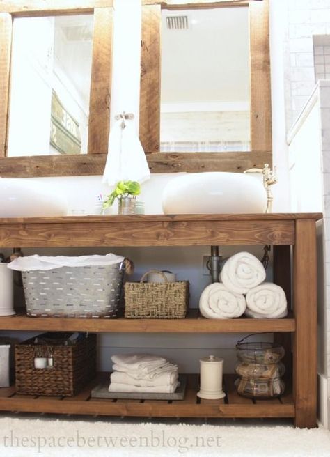 24 reclaimed wood bathroom vanity with open shelves - DigsDigs Reclaimed Wood Bathroom Vanity, Reclaimed Wood Mirror, Bathroom Vanity Remodel, Vanity Seat, Bathroom Vanity Decor, Farmhouse Bathroom Vanity, Rustic Bathroom Vanities, Wood Bathroom Vanity, Bath Bathroom