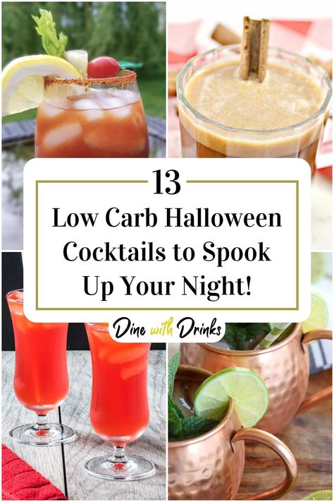 Collage of 4 low carb halloween cocktails. Halloween Punch Alcohol, Cocktails Healthy, Low Carb Alcoholic Drinks, Halloween Alcohol, Sugar Free Cocktails, Halloween Punch Recipes, Low Calorie Cocktails, Halloween Party Food, Low Carb Cocktails