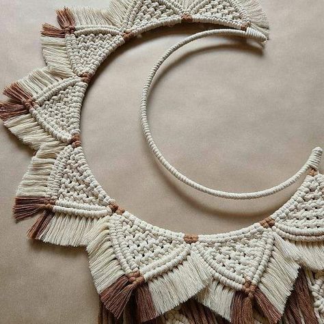 Moon Macrame Diy Tutorial, Sun Moon Macrame, Crescent Moon Macrame Diy, Moon Macrame Wall Hangings, Crescent Macrame, Moon Macrame Diy, Macrame Moon Diy, Macrame Moon Wall Hangings, Macrame Crescent Moon