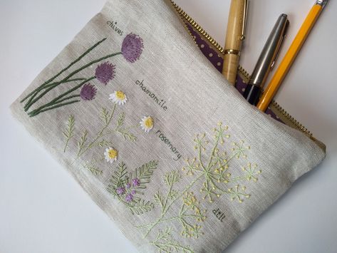 Cottagecore Pencil Case, Embroidered Pencil Case, Embroidery Pencil Case, Sheep Crafts, Garden Herbs, Slow Stitching, Embroidery Kit, Stitching Art, Hand Embroidery Designs