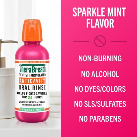 TheraBreath Anticavity Mouthwash utilizes a concentrated active solution, fortified with xylitol and fluoride, that does much more than simply help fight cavities. Alongside our powerful breath freshening ingredients, this multipurpose mouthwash also remineralizes teeth, helps rebuild weakened tooth enamel and prevent tooth decay. The alcohol-free formula doesn't burn or irritate and starts working instantly. We’re so confident in the effectiveness of TheraBreath Oral Rinses that we back them up with our 100% guarantee. If you're not satisfied, contact us within 30 days of purchase for a full refund. TheraBreath: It's a better mouthwash, satisfaction 100% guaranteed! Best Mouthwash, Tooth Enamel, Tooth Decay, Mouthwash, Alcohol Free, Cavities, Not Satisfied, Mint, Sparkle