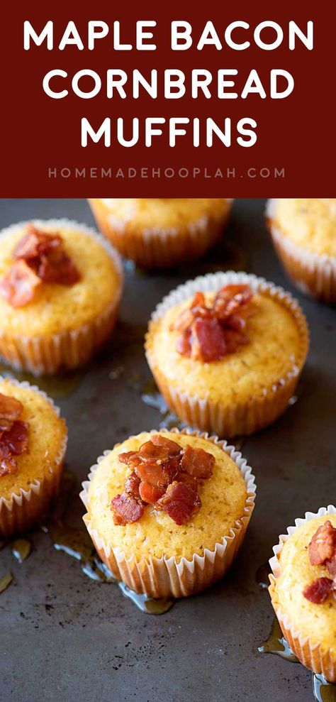 Maple Bacon Cornbread Muffins! Spongy cornbread muffins that are baked & drizzled maple syrup and flavored with rich, crispy bacon. Perfect for a holiday dinner or a unique breakfast! | HomemadeHooplah.com Bacon Maple Syrup, Bacon Cornbread, Unique Breakfast, Muffins Blueberry, Cornbread Muffins, Unique Breakfasts, Zucchini Muffins, Low Fat Yogurt, Maple Bacon