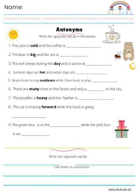 Antonyms Worksheet 1st Grade, Synonyms And Antonyms Worksheet For Grade 2, Antonyms Worksheet 2nd Grade, Antonyms Sentences Worksheet, Antonyms For Grade 1, English For Grade 2 Worksheet, Opposites Worksheet For Grade 2, Opposite Worksheets Grade 1, Opposites Worksheet Grade 1