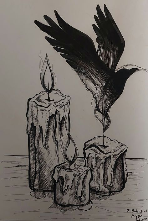 Drawing Candles Art, Easy But Pretty Drawings, Candle Pencil Drawing, Witch Craft Drawings, Drawing Gothic Art, Fountain Pen Art Drawing, Drawing Ideas Gothic, Halloween Drawings Realistic, Symbolic Sketches