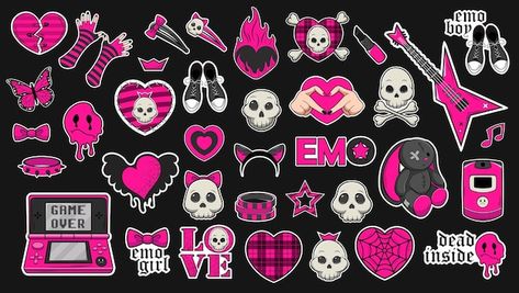 Vector set of trendy emo stickers in bla... | Premium Vector #Freepik #vector #black #rock #vintage #trendy Emo Stickers, Creative Story Ideas, Y2k Stickers, Y2k Scene, Pattern Game, Games Design, Emo Y2k, Victorian Steampunk, Red Walls