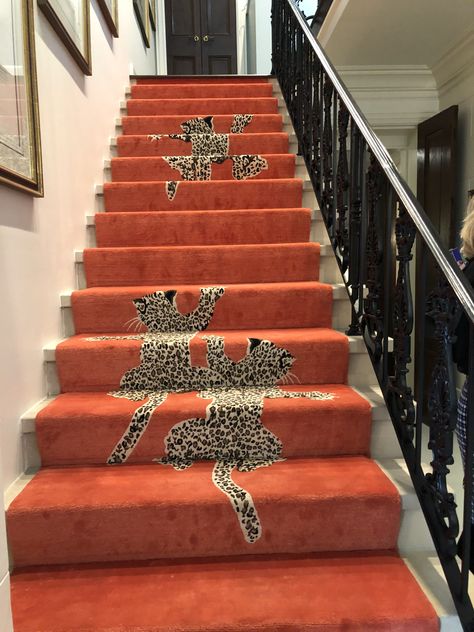 Eclectic Stairway, Leopard Stairs, Yellow Kitchen Cabinets, Interior Stair Railing, Staircase Interior Design, Flooring For Stairs, Interior Stairs, Yellow Kitchen, Carpet Stairs