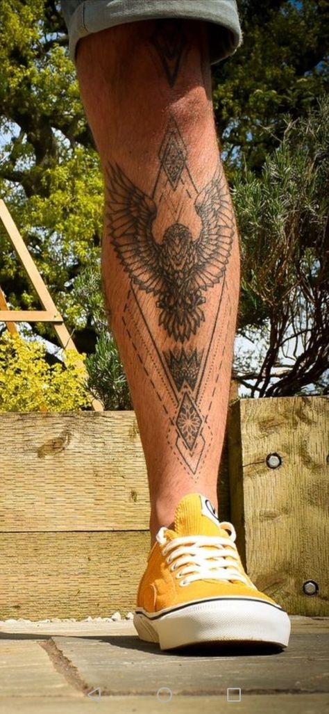 Leg Tattoo Ideas For Men Calves, Bird Tattoo Men Leg, Animal Shin Tattoo, Bird Shin Tattoo, Tatoos Men Leg Calves, Mens Leg Tattoo Ideas Calves, Shin Tattoo Men Ideas, Men’s Shin Tattoo, Leg Tattoos For Men Calves