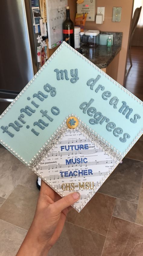 Music graduation cap Music Major Graduation Party Ideas, Track Graduation Cap, Music Teacher Graduation Cap, Musical Graduation Cap, Music Graduation Cap Ideas, Music Theme Graduation Cap, Music Major Graduation Cap, Music Education Graduation Cap, Music Grad Cap