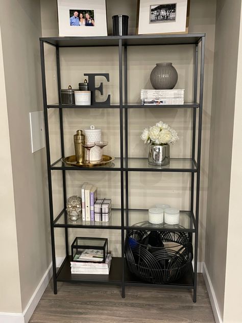 Ikea Vittsjo glass shelving unit in black. The perfect display piece for trinket lovers! Vittsjo Shelves Living Room, Vittsjo Ikea, Glass Display Cabinets, Glass Shelving Unit, Ikea Vittsjo, Glass Shelving, Glass Cabinets Display, Display Cabinets, Glass Furniture