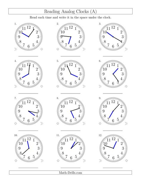 The Reading Time on 12 Hour Analog Clocks in 1 Minute Intervals (A) Math Worksheet Time Worksheets Grade 3, Time Worksheets Grade 2, Elapsed Time Worksheets, Clock Worksheets, Letters Preschool, Telling Time Worksheets, Math Drills, Time Worksheets, Word Problem Worksheets