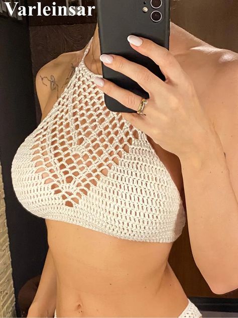 7 Colors Crochet Knitted Halter Bikini Top Female Swimsuit Women Swimwear Bather Bathing Suit Swim Hollow Out Beach Top V4192 Female Swimsuit, Knitted Swimsuit, Beachwear Collection, Crochet Simple, Swimsuit Women, Modern Beach, Women Swimwear, Beach Tops, Manufacturing Process