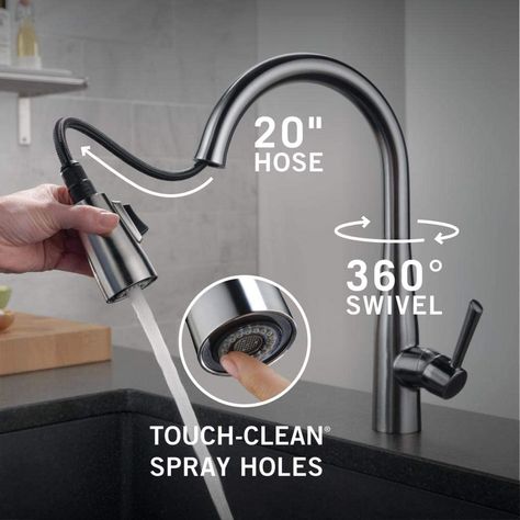 Great Livings reviewed one of the most popular kitchen faucets by Delta — Essa 9113-AR-DST. See all notable features and our verdict.  #kitchen #kitchenfaucet #kitchendesign #kitchenremodel #HomeRenovation #sinkfaucet #pulldown #essa #9113ARDST #deltafaucet Touch Kitchen Faucet, Brushed Nickel Kitchen Faucet, Brushed Nickel Kitchen, Kitchen Faucet With Sprayer, Navigation Design, Kitchen Pulls, Popular Kitchens, Single Handle Kitchen Faucet, Delta Faucets