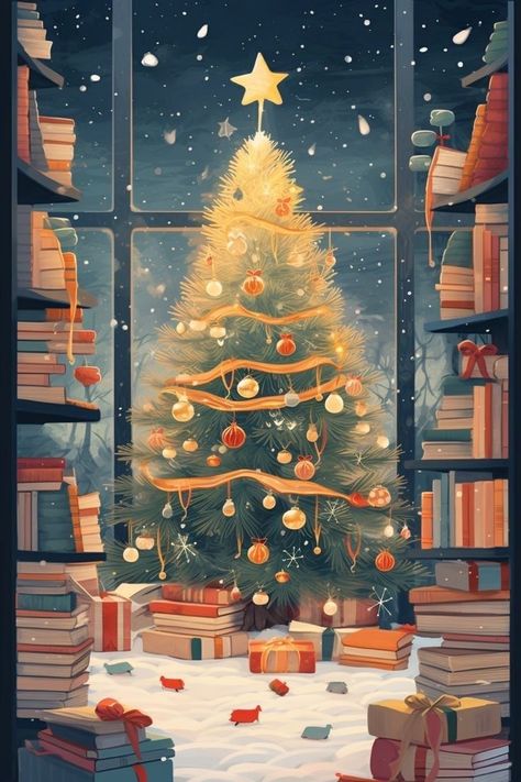 Christmas Bookshelf Wallpaper, Merry Christmas Wallpaper, Xmas Wallpaper, Christmas Phone Wallpaper, Cute Christmas Wallpaper, Holiday Wallpaper, Winter Wallpaper, Christmas Room, Vintage Christmas Tree