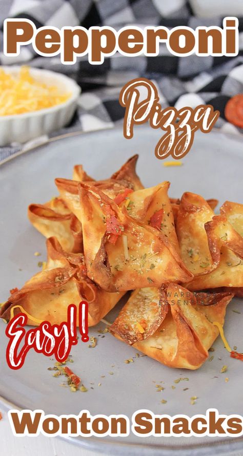 Pepperoni Wonton Bites, Recipes With Wonton Wrappers, Recipes Using Wonton Wrappers, Pizza Wonton Cups, Pizza Wontons, Wonton Wrapper Recipes Appetizers, Air Fryer Pepperoni, Easy Pepperoni Pizza, Wrapper Recipes