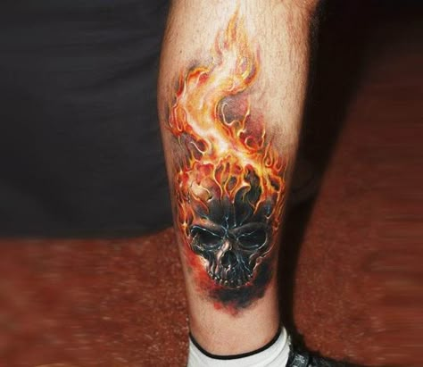 Awesome realistic full colors Skull on Fire tattoo art done by tattoo artist Sergey Gas | Post 7934 | World Tattoo Gallery - Best place to Tattoo Arts Fire Skull Tattoo, Skulls Tattoo, Fire Skull, Harley Davidson Tattoos, Skull Sleeve Tattoos, Flame Tattoos, Fire Tattoo, Geniale Tattoos, Leg Tattoo Men