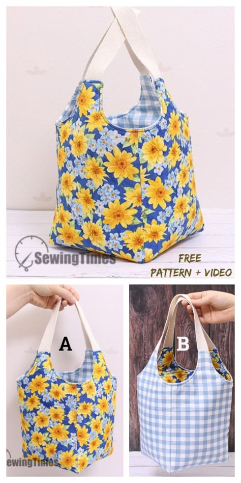 DIY Reversible Fabric Square Tote Bag Free Sewing Pattern + Video | Fabric Art DIY Bag Free Sewing Pattern, Diy Tote Bag Tutorial, Fabric Art Diy, Sewing Tutorials Bags, Tote Bag Pattern Free, Bag Pattern Free, Diy Bags Patterns, Sewing Bags, Free Sewing Pattern