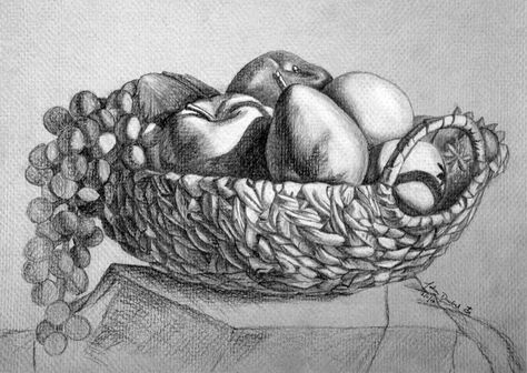 REALISTIC FORM – WHEN A FORM LOOKS VERY MUCH LIKE THE REAL THING. Basket Sketch, Fruit Basket Drawing, Still Life Pencil Shading, Pineapple Drawing, Fruit Sketch, Basket Drawing, Fruits Drawing, Still Lifes, Art Sketches Pencil