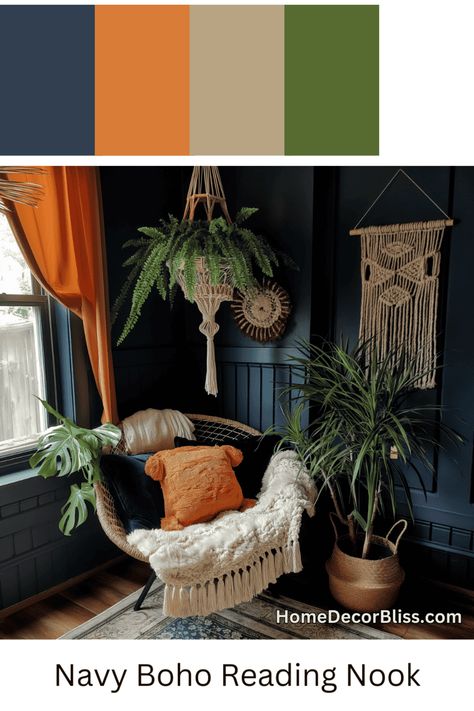 Bohemian Reading Nook: Navy Blue Walls and Orange Accents Navy Blue And Orange Living Room, Navy And Orange Living Room, Hanging Wicker Chair, Navy Room Ideas, Blue And Orange Living Room, Bohemian Home Decor Ideas, Shades Of Wood, Tan Living Room, Blue Shelves