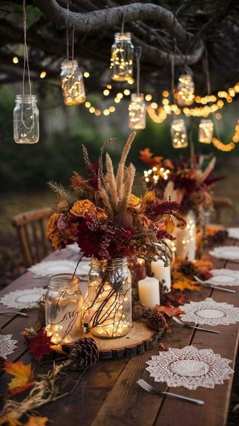 DIY Wedding Centerpieces: 30 Gorgeous Ideas On A Budget | FBFW Rustic Wedding Styling, Rustic Decoration Wedding, Fall Boho Outdoor Wedding, November Garden Wedding, Fall Season Decorations, Elegant Fall Party Decor, Autumnal Table Decorations, Rustic Table Set Up, Autumnal Wedding Ideas