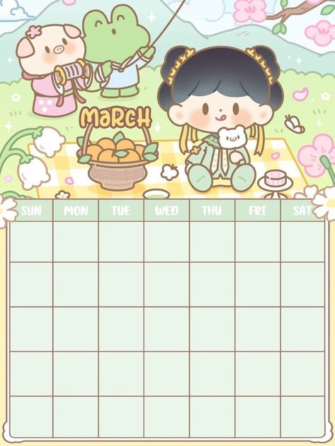 Kawaii Calendar, March Calendar Printable, Free Printable Planner Stickers Kawaii, March Calendar, Flower Room Decor, Free Printable Planner, Free Printable Planner Stickers, Doodle Frames, Blank Calendar Template