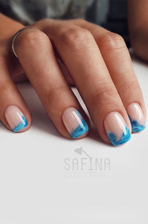 30. Ocean inspired nail art design I can’t tell you how much I love neutral nude nails but I also love to try out... Sea Wave Nails, Nails Inspired By The Ocean, Lake Inspired Nails, Water Nail Trend, Beach Waves Nail Art, Wave Nails Design Simple, Ocean Inspired Nail Art, Sea Design Nails, Ocean Design Nails