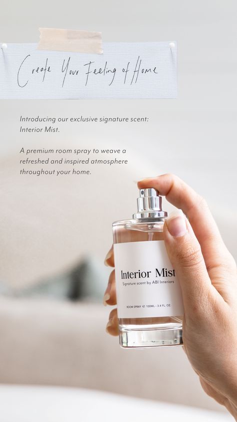 An interior mist is being sprayed inside a home. Bea Suzy, Product Packaging Ideas, Abi Interiors, Home Spray, Car Diffuser, Business Inspiration, Signature Scent, Home Room Design, Packaging Ideas