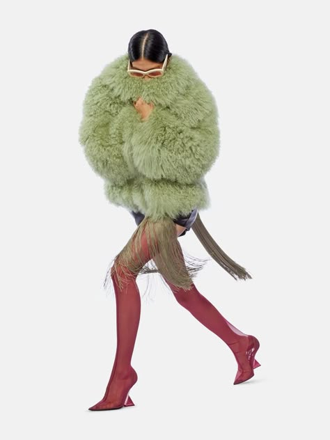 THE ATTICO Sage green short coat Fur Aesthetic, Exo Photoshoot, Green Washing, Fur Jacket Outfit, Tertiary Colors, Fur Outfit, Concept Shoot, Winter Shoot, Aesthetic Photo Ideas