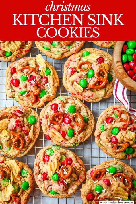 Christmas Kitchen Sink Cookies Christmas Cookies Kitchen Sink, Easy Kitchen Sink Cookies, Christmas Cookies M&m, Everything But The Kitchen Sink Cookies, Christmas Kitchen Sink Cookies, Pancake Mix Cookies, Kitchen Sink Cookies Recipe, Sink Cookies, Honey Dessert