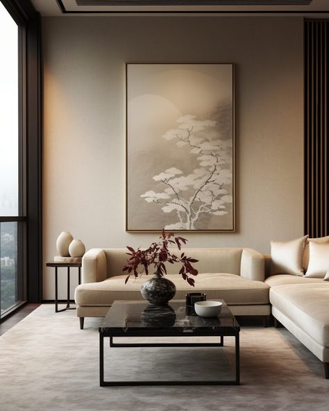 A Room with Chinese Painting Decor Chinese Decor Asian Interior, New Chinese Style Interior, Chinese Interior Design Modern, Modern Chinese Living Room, New Chinese Style Living Room, Modern Chinese Interior, Minimalistic Room, Chinese Living Room, Chinese Interior Design