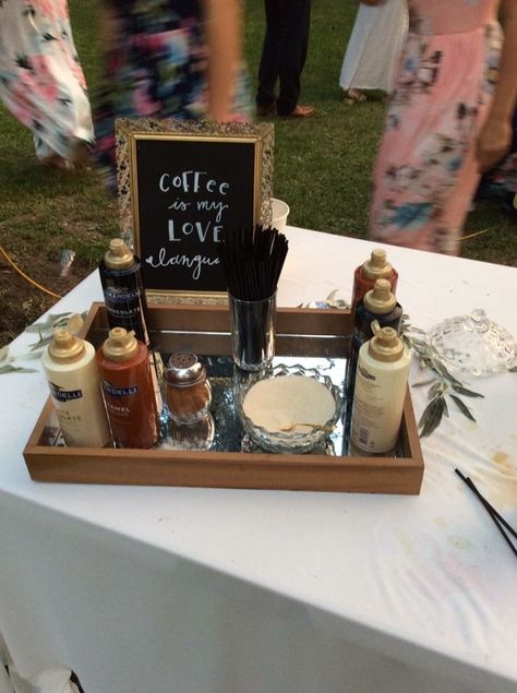 Coffee is my love language. #wedding #coffee #bar #beverage #drink #table Bridal Shower Coffee Bar Drink Stations, Cold Brew Bar Wedding, Coffee Bar Ideas Bridal Party, Coffee Bar For A Party, Coffee Toppings Bar, Coffee Station Ideas Wedding, Coffee Bar For Bridal Brunch, Coffee Bar Birthday Party, Grad Party Coffee Bar