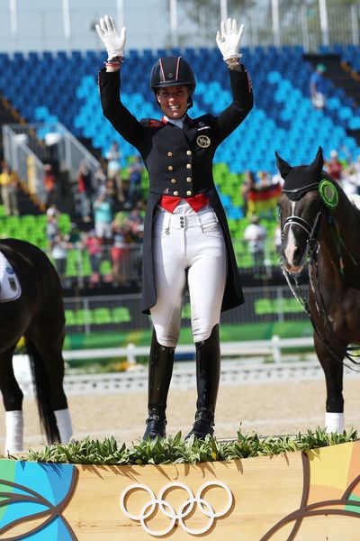 Gold medalist, Charlotte Dujardin of Great Britain riding Valegro celebrates on the podium during the medal ceremony during the Dressage Individual Grand Prix Freestyle on Day 10 of the Rio 2016 Olympic Games at Olympic Equestrian Centre on August 15, 2016 in Rio de Janeiro, Brazil. Olympic Horses, Sport Street Style, Charlotte Dujardin, Olympic Equestrian, Dressage Arena, Equestrian Dressage, Women's Equestrian, 2016 Olympic Games, Cute Horse Pictures