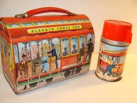 1962 Aladdin Cable Car Lunch Box with Thermos | Vintage lunch boxes, Lunch box, School lunch box Metal Lunchboxes, Lunch Box School, Street Backpack, Lunch Box Thermos, Tin Lunch Boxes, Vintage Lunch Boxes, Vintage Lunch, Art Studio At Home, School Lunch Box