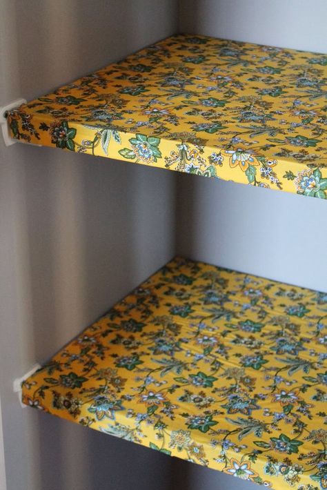 DIY Fabric Shelf Covers { For $12 } | Confessions of a New / Old Home Owner Wire Shelf Liner, Fabric Shelf, Shelf Cover, Organized Pantry, Antique Shelves, Plywood Shelves, Shelf Paper, Wire Shelves, Wallpaper Shelves