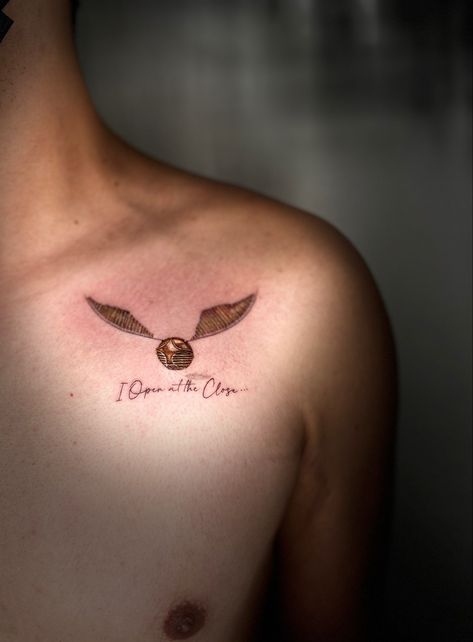 Only a few can see what is really important, just like the golden snitch I Open At The Close Tattoo, I Open At The Close, Harry Potter Tattoos, Golden Snitch, The Close, Infinity Tattoo, Tatting, Tattoo Quotes, Harry Potter