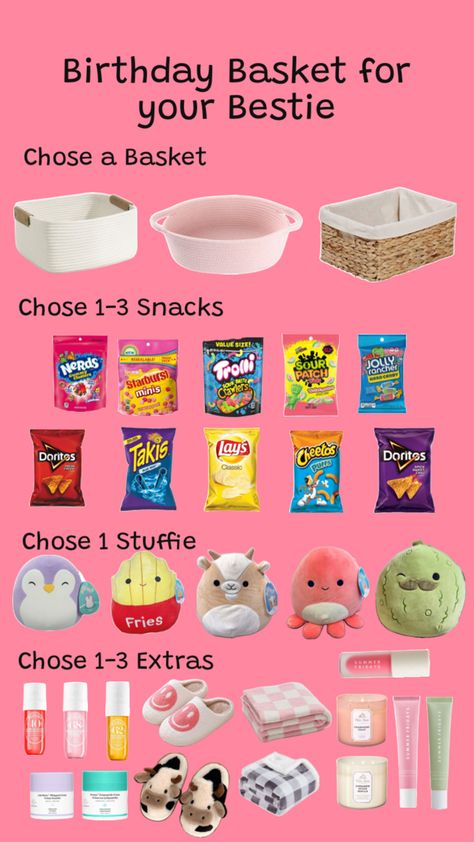 Pick and Chose a Birthday Basket for your Bestie Easy Gift Baskets, Birthday Baskets, Starburst Minis, Halloween Sleepover, Making A Gift Basket, Easy Birthday Gifts, Creative Birthday Cards, Bestie Birthday, Birthday Basket