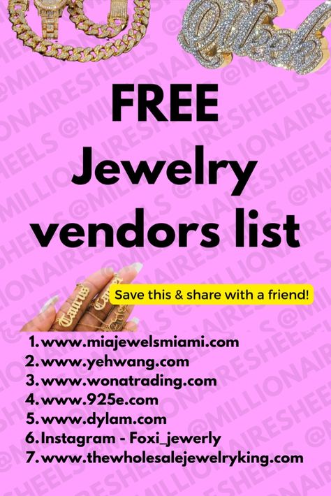 Follow us on Instagram for free vendors & business tips @Millionairesinheels Wholesale Vendors List Free, Wholesale Jewelry Vendors, Boutique Vendors, Cute Business Names, Small Business Plan Ideas, Small Business Ideas Products, Shop Hacks, Jewelry Small Business, Vendors List