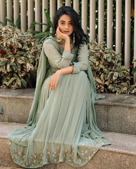 Pastel Anarkali, Sage Green Anarkali, Green Anarkali Dress, Namitha Pramod, Green Anarkali, Hey Siri, Ruby Earrings Studs, Label M, Kurti Designs Latest