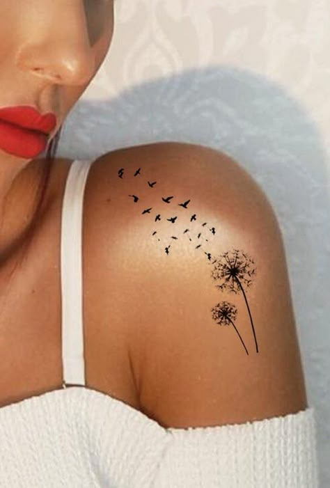 Rose Rib Tattoos, Bird Shoulder Tattoos, Dandelion Tattoo Design, Delicate Flower Tattoo, Blowing Dandelion, Sunflower Tattoo Shoulder, Small Shoulder Tattoos, Tattoo Placements, Watercolor Tattoo Flower