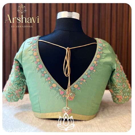 This green pastel hue colored blouse crafted by @blousesbyarshavi is extremely pretty with an intricate handwork done #zardozi and #kaddana embroidery using #reshamthread and #zari .💚 📲: 89513 63530 #arshavibyshraddha #blousesbyarshavi #bangloredesigner #customisedblouses #wedmegood #fashionstyle #handembroidery #aariwork #maggamwork #karagiri #silk #designerblouses #bridal #hyderabad #bangalore #bangalorebrides #wedmegoodsouth #southindianbride #womeninbusiness #goviral Pastel Silk Saree Blouse Designs, Pastel Color Blouse Designs, Light Green Aari Work Blouse, V Neck Maggam Work Blouses, Pastel Green Blouse Designs, Light Green Blouse Designs, Saree Blouse Embroidery, Latest Fashion Blouse Designs, Green Blouse Designs