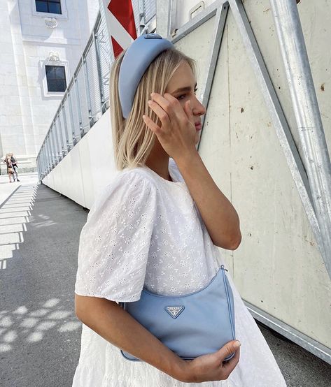 Blue Prada Bag Outfit, Light Blue Bag Outfit Summer, Pale Blue Bag Outfit, Light Blue Handbag Outfit, Light Blue Purse Outfit, Light Blue Bag Outfit, Prada Re Edition 2000 Bag, Blue Handbag Outfit, Blue Purse Outfit