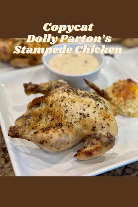 A roasted chicken with soup and a biscuit. Dixie Stampede Potatoes, Dolly Partons Stampede Soup, Dixie Stampede Recipes, Copycat Dixie Stampede Soup, Dixie Stampede Biscuits, Dixie Stampede Cornish Hen Recipe, Dolly Parton Chicken And Dumplings, Dixie Stampede Chicken Recipe, Dolly Parton Stampede Soup