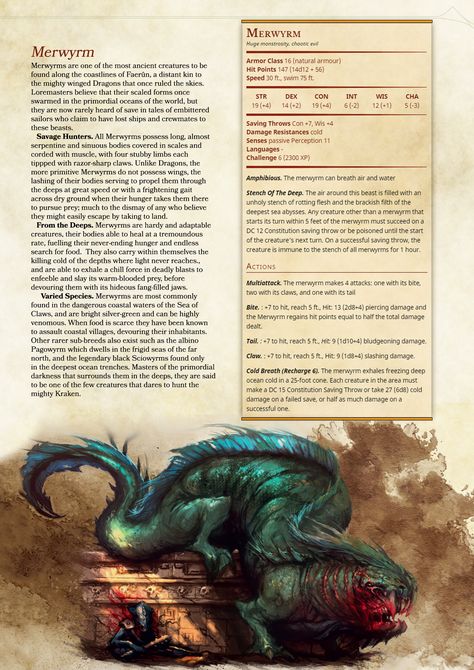 Merwyrm (CR6) Dnd 5e Monsters, 5e Monsters, Homebrew Monsters, Dungeons And Dragons Races, Dnd Homebrew, Dnd Classes, Dungeons And Dragons Classes, D D Monsters, Dnd 5e Homebrew