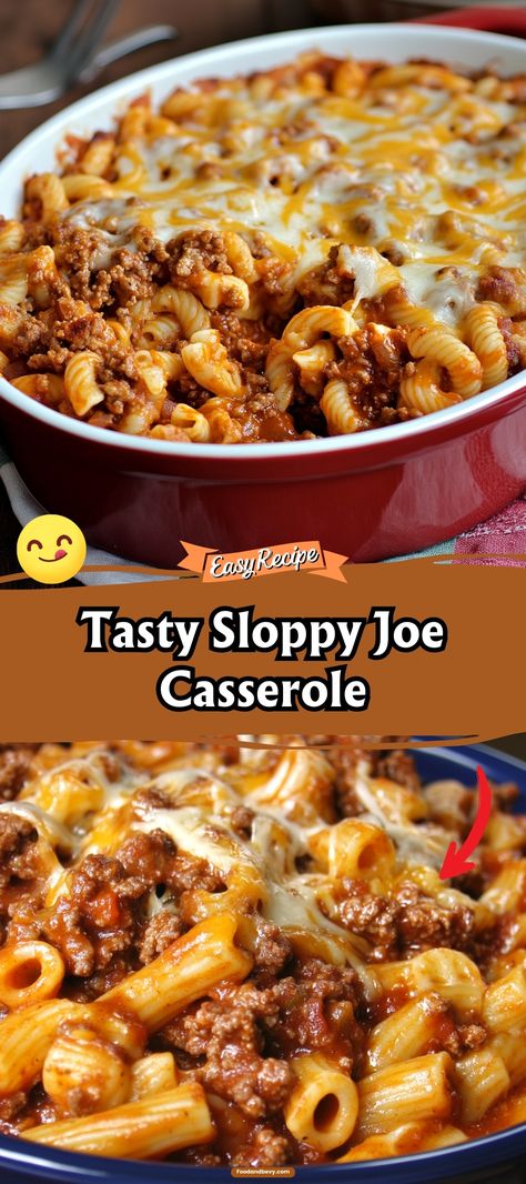 Put a fun twist on a classic with Sloppy Joe Casserole. Savory sloppy joe meat layered with pasta and topped with melted cheese, baked to bubbly perfection. It's an easy and satisfying meal the whole family will love. #FamilyDinner #CasseroleRecipe #SloppyJoes Sloppy Joe Recipe Ideas, Sloppy Joe Meat Leftovers, Quick Ground Meat Recipes, Quick Ground Beef Casseroles, Busy Day Dinner Ideas, Sloppy Joe Mac And Cheese Casserole, Sloppy Joe Hotdish, Easy Recipes For Family Dinners, Sloppy Joe Mini Penne Skillet